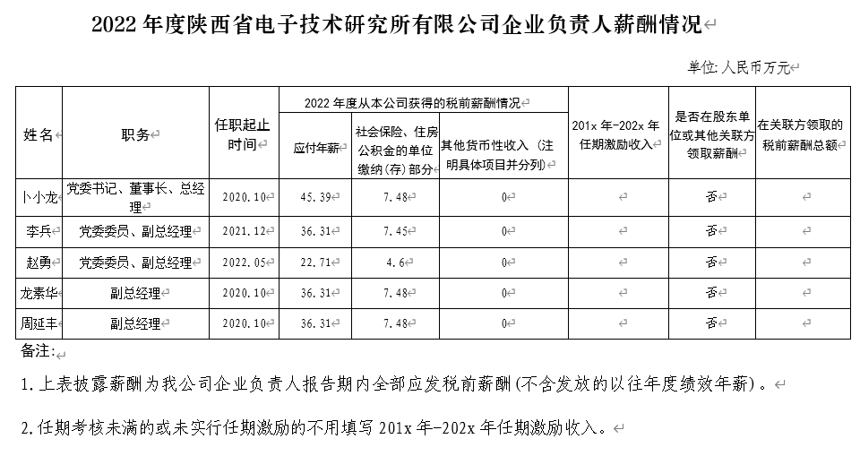 2022年度陜西省電子技術(shù)研究所有限公司企業(yè)負(fù)責(zé)人薪酬情況